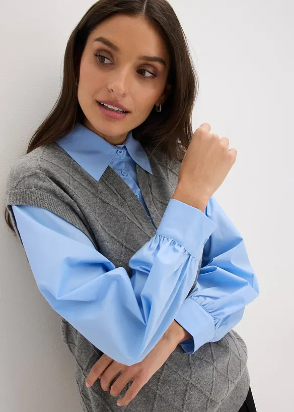 Pull sans manches &agrave; empi&egrave;cement chemisier en coton, bonprix