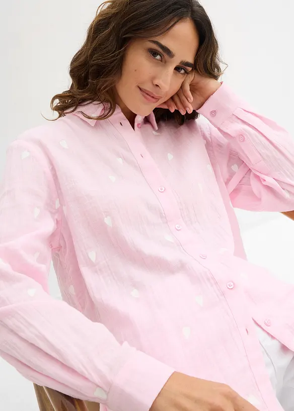 Chemisier en gaze de coton &agrave; motif c&oelig;urs, bonprix