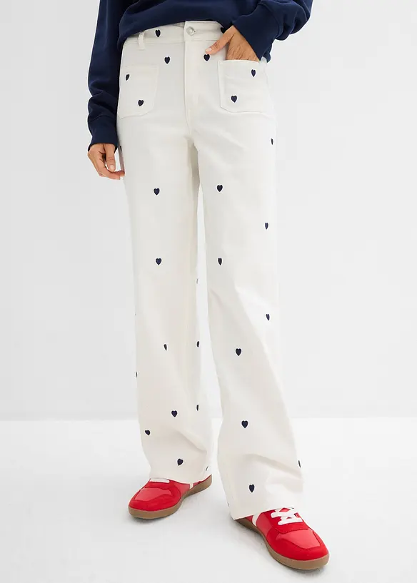 Pantalon en twill avec broderies, bonprix