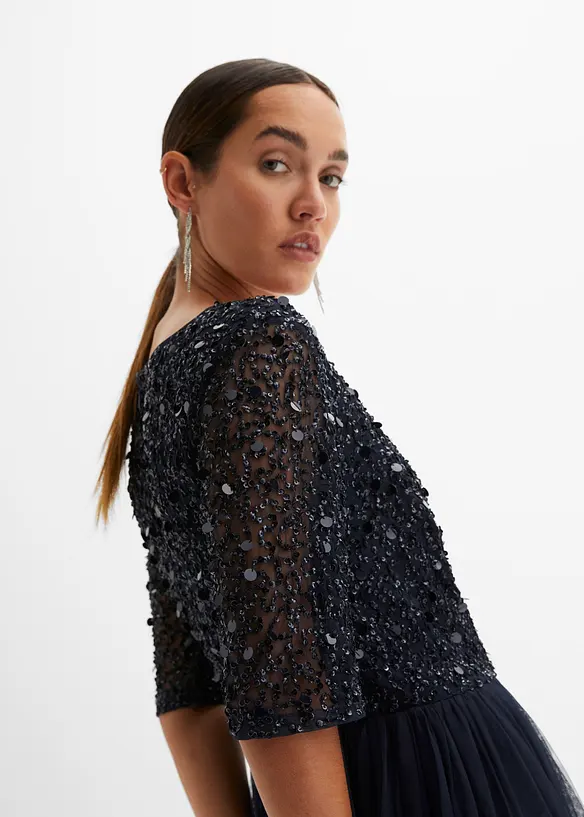 Robe de soir&eacute;e en tulle avec haut brod&eacute; de sequins, bonprix