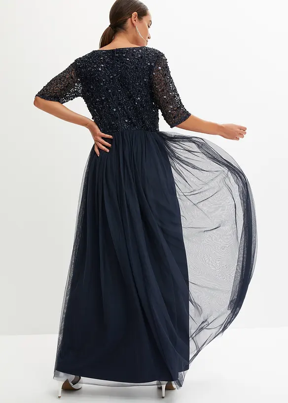 Robe de soir&eacute;e en tulle avec haut brod&eacute; de sequins, bonprix