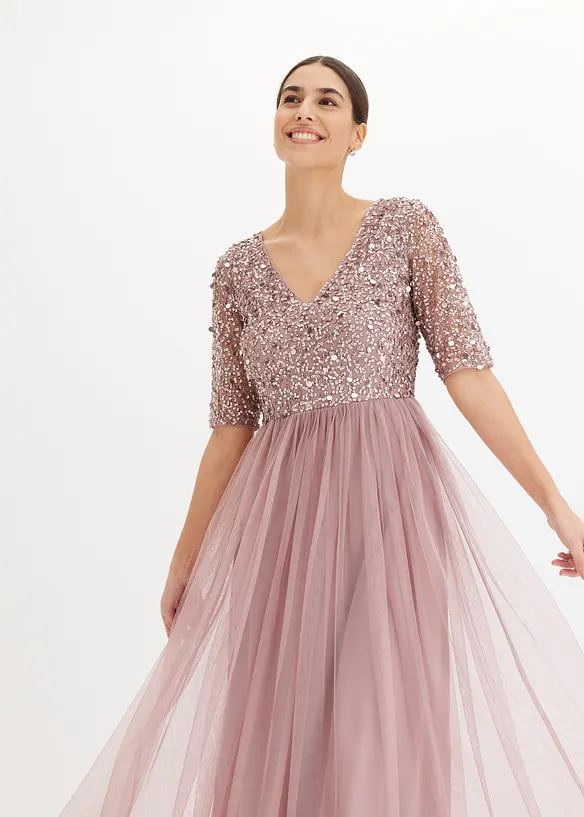 Robe de soir&eacute;e en tulle avec haut brod&eacute; de sequins, bonprix
