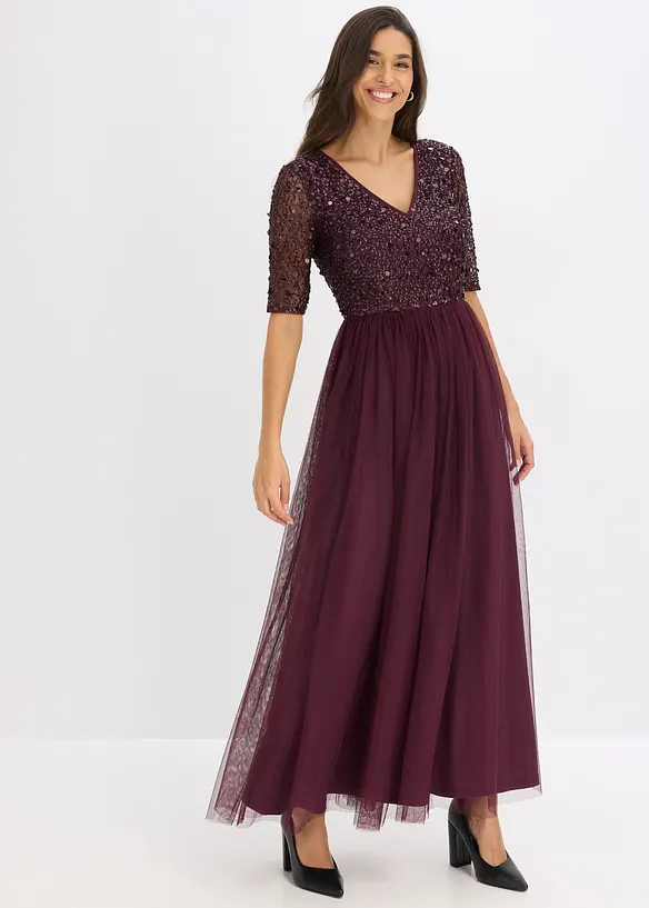 Robe de soir&eacute;e en tulle avec haut brod&eacute; de sequins, bonprix