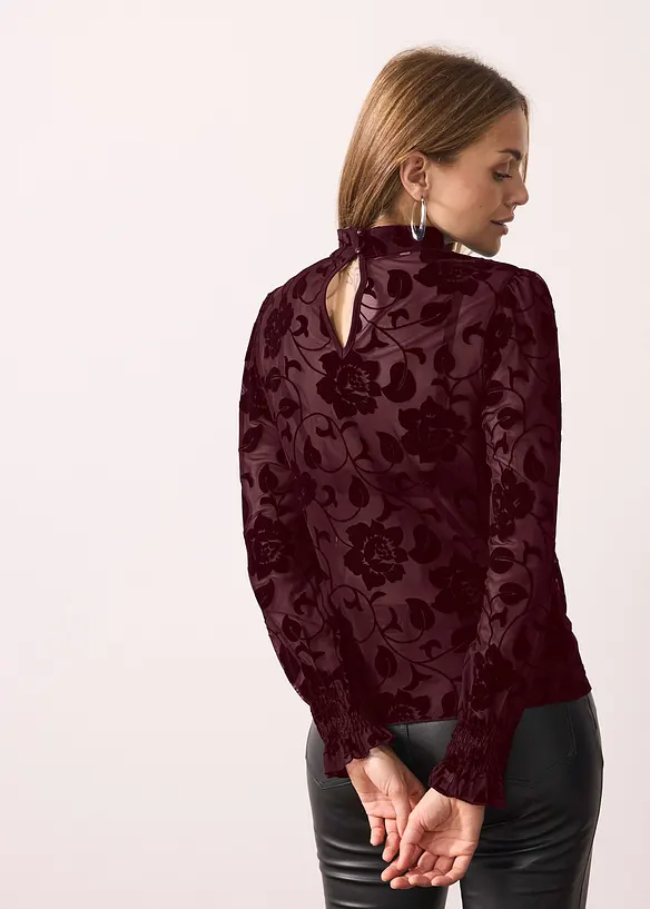 T-shirt manches longues l&eacute;g&egrave;rement transparent avec imprim&eacute; floqu&eacute;, bonprix