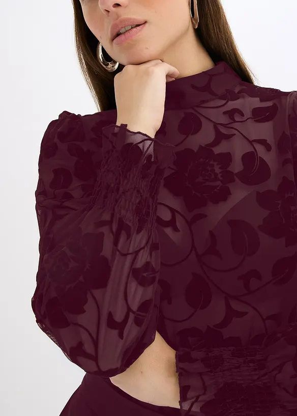 T-shirt manches longues l&eacute;g&egrave;rement transparent avec imprim&eacute; floqu&eacute;, bonprix