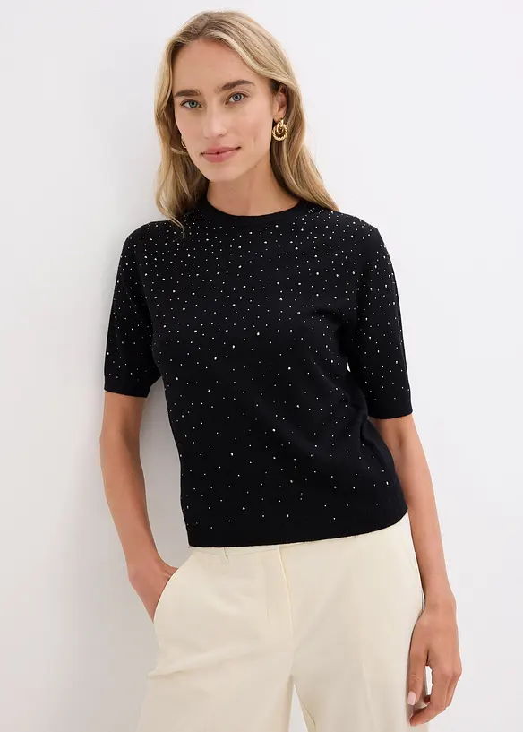 Pull manches coudes en fine maille avec strass, bonprix