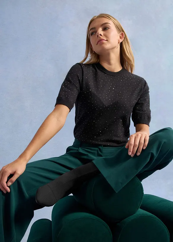 Pull manches coudes en fine maille avec strass, bonprix