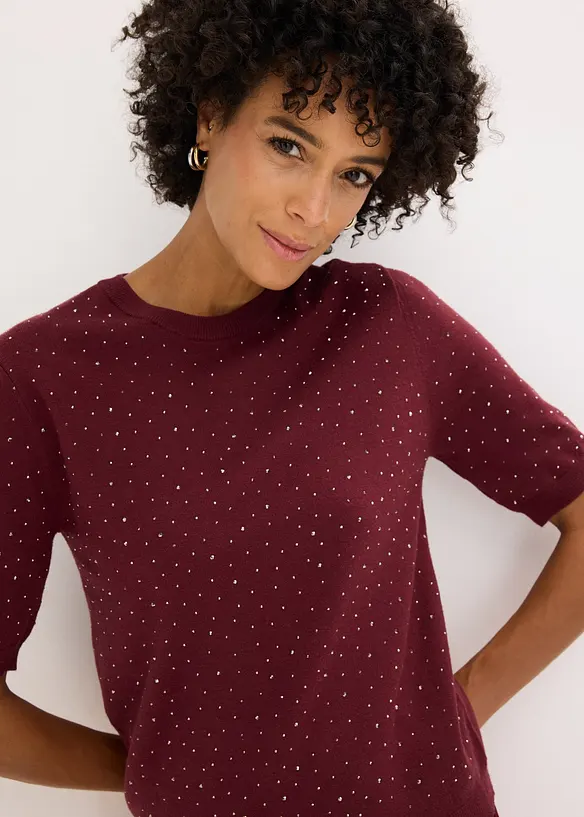 Pull manches coudes en fine maille avec strass, bonprix