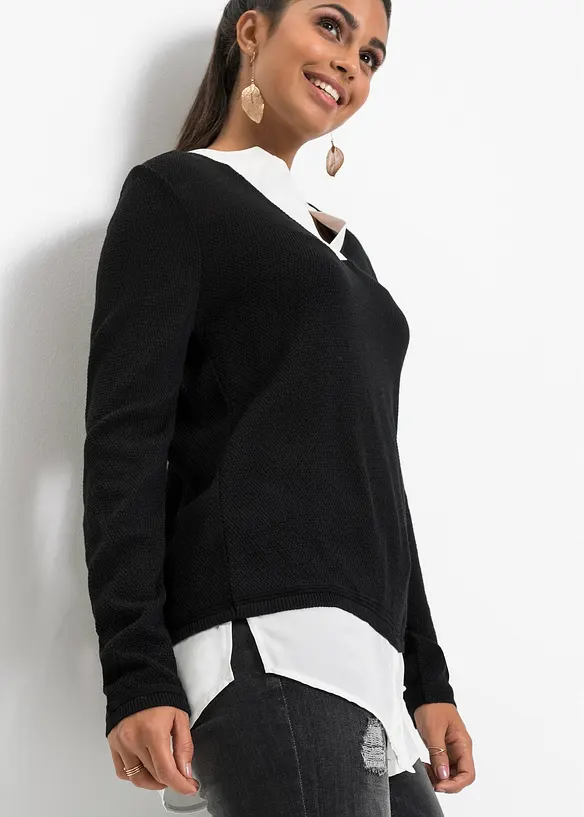 Pull en fine maille avec empi&egrave;cement chemisier, bonprix