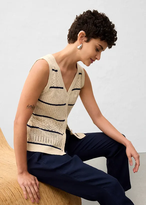 Gilet en maille ajour&eacute;e avec lin, bonprix