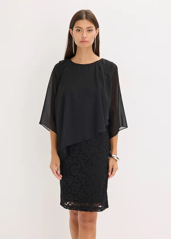 Robe courte en dentelle avec drap&eacute; en mousseline, bonprix