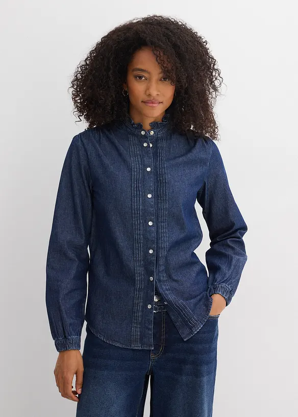 Blouse en jean &agrave; finitions volant&eacute;es, bonprix
