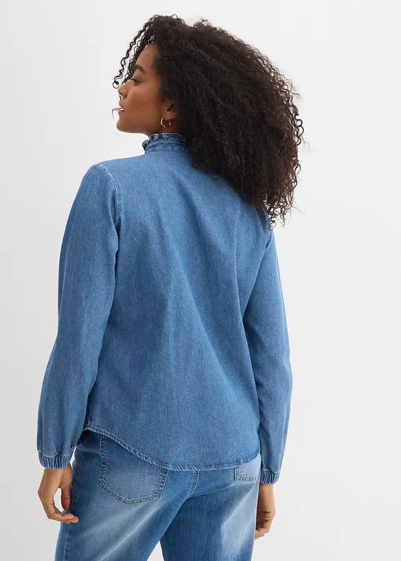 Blouse en jean &agrave; finitions volant&eacute;es, bonprix