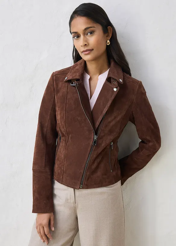 Veste biker en cuir velours, bonprix