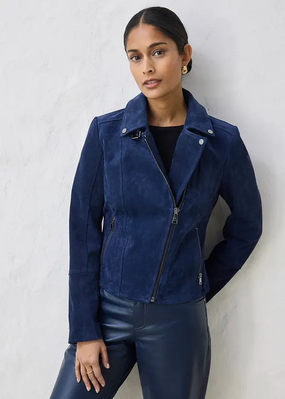 Veste biker en cuir velours, bonprix