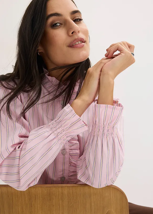 Blouse en popeline &agrave; col volant&eacute;, bonprix