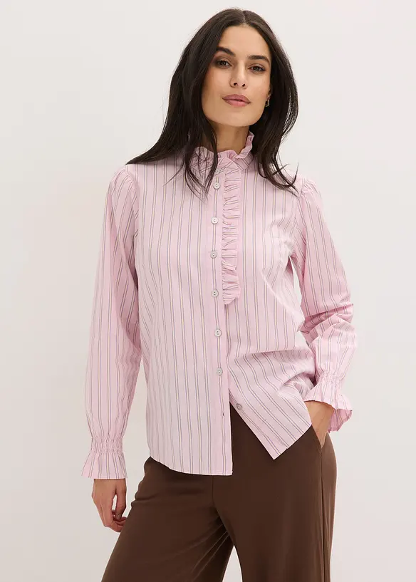 Blouse en popeline &agrave; col volant&eacute;, bonprix