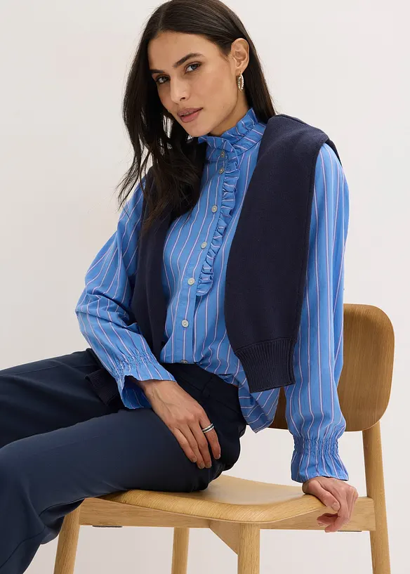 Blouse en popeline &agrave; col volant&eacute;, bonprix