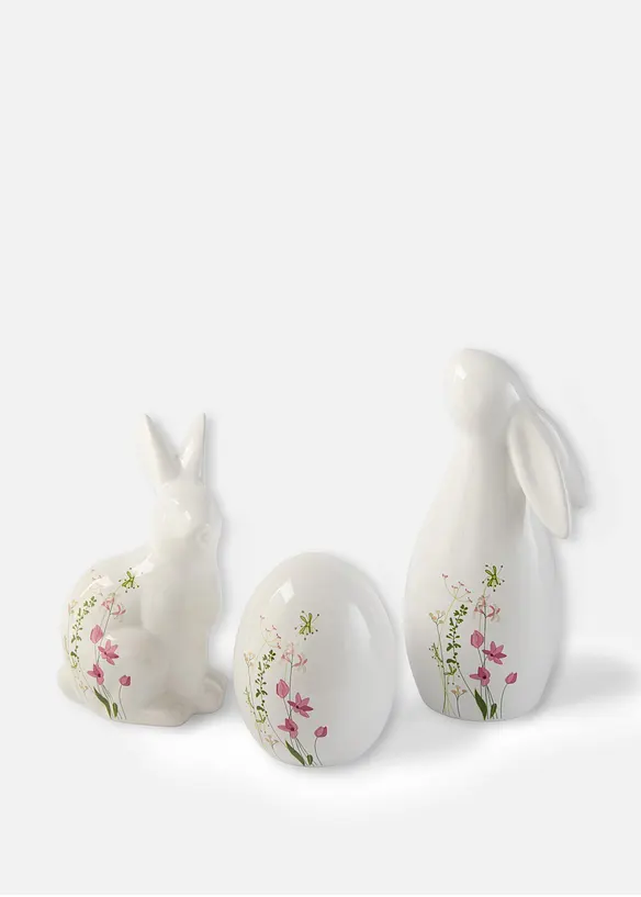 Lot de 3 figurines d&eacute;co Lapins et &OElig;uf avec fleurs, bonprix