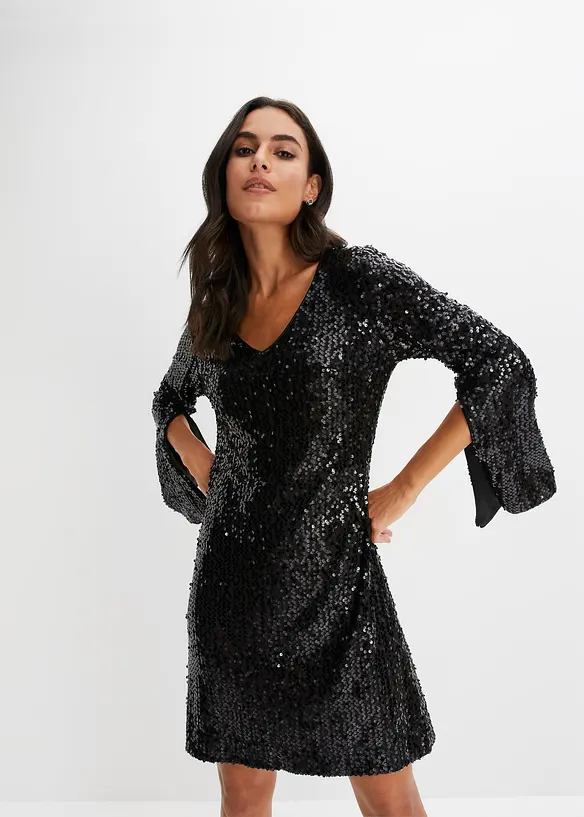 Robe &agrave; sequins et manches trompette, bonprix