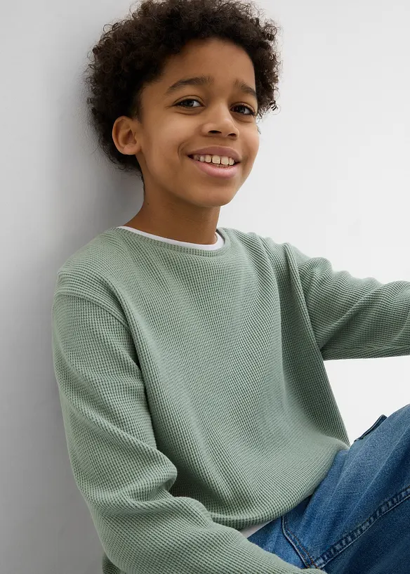 T-shirt manches longues 2 en 1 en coton aspect gaufr&eacute;, bonprix