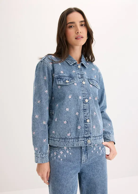Veste en jean avec fleurs brod&eacute;es, bonprix