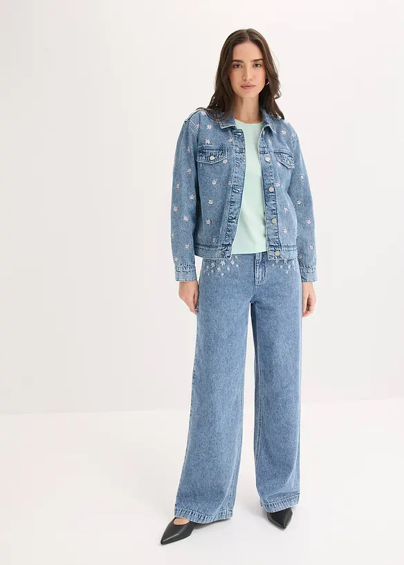 Veste en jean avec fleurs brod&eacute;es, bonprix