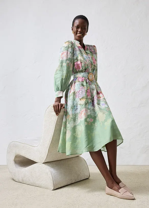 Robe midi en ramie avec ceinture (ens. 2 pces), bonprix