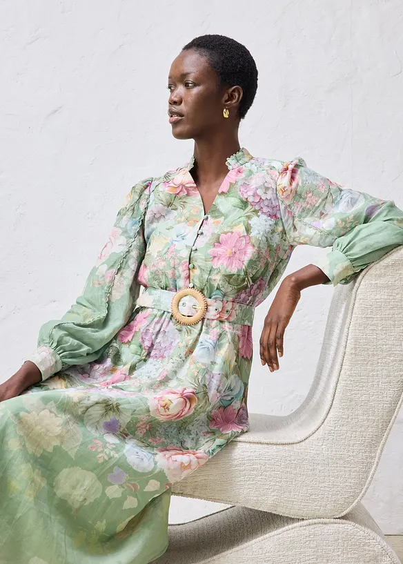 Robe midi en ramie avec ceinture (ens. 2 pces), bonprix