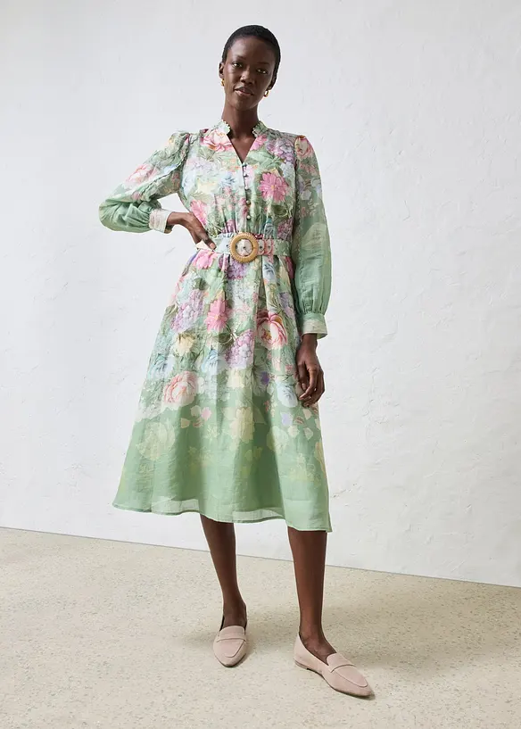 Robe midi en ramie avec ceinture (ens. 2 pces), bonprix