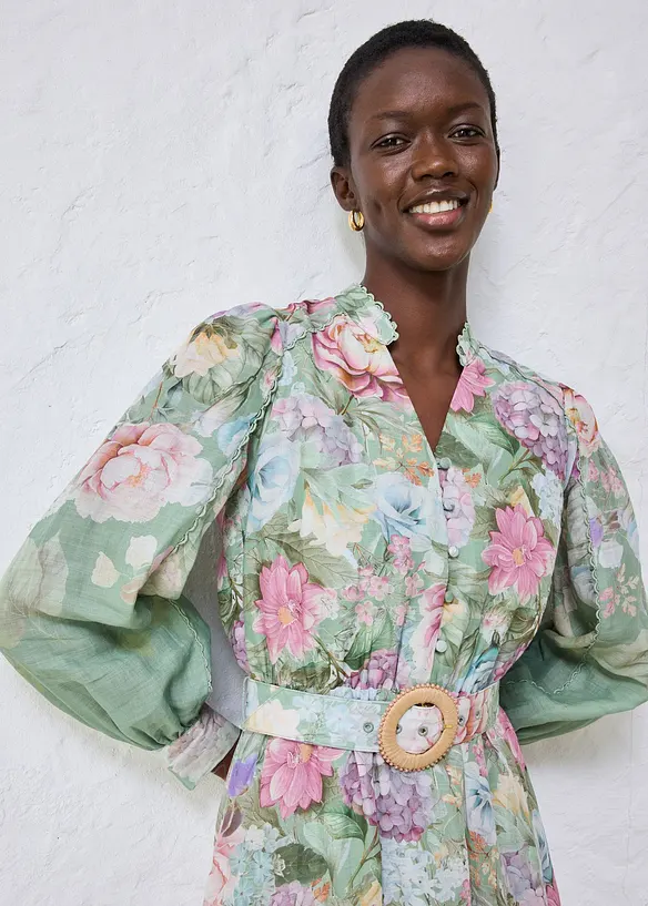 Robe midi en ramie avec ceinture (ens. 2 pces), bonprix