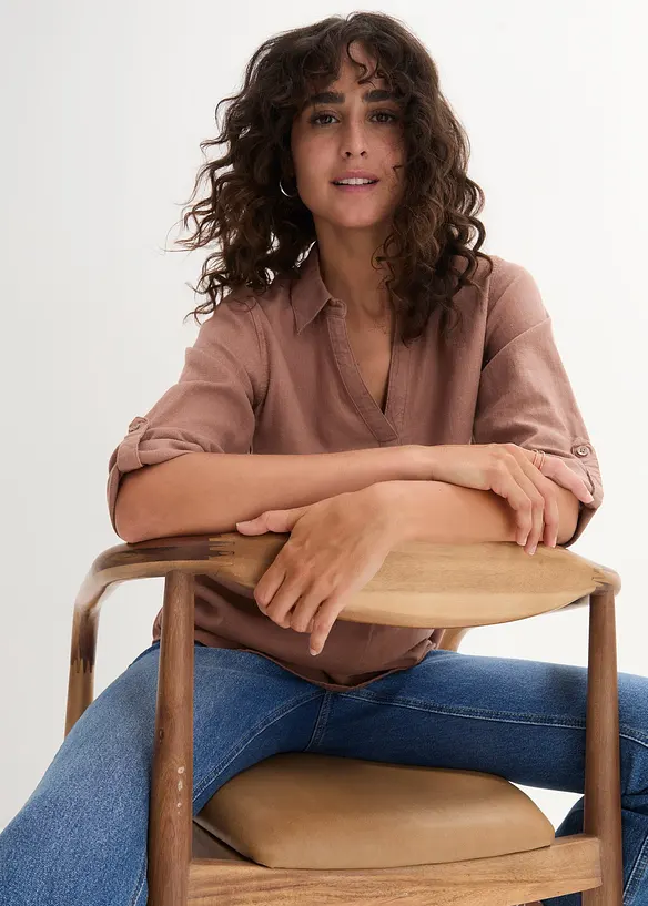 Blouse en lin m&eacute;lang&eacute;, manches 3/4, bonprix