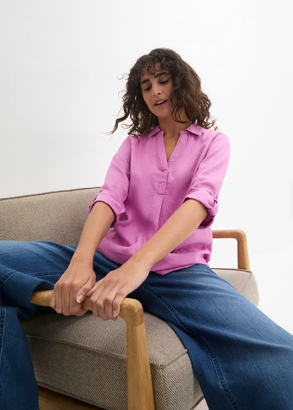 Blouse en lin m&eacute;lang&eacute;, manches 3/4, bonprix