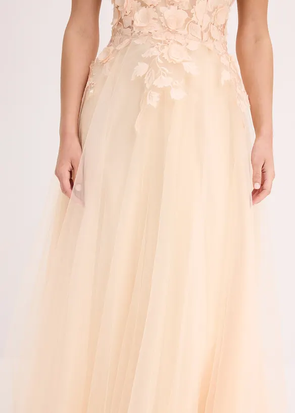 Robe longue en tulle fin avec fleurs appliqu&eacute;es, bonprix