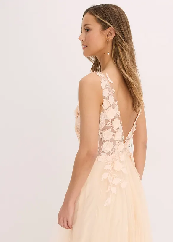 Robe longue en tulle fin avec fleurs appliqu&eacute;es, bonprix
