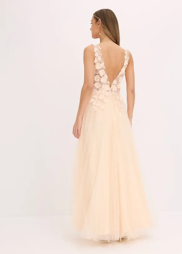 Robe longue en tulle fin avec fleurs appliqu&eacute;es, bonprix