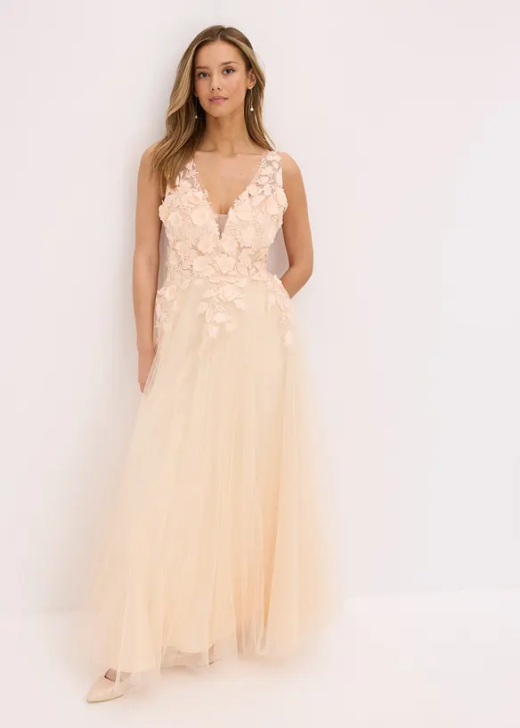 Robe longue en tulle fin avec fleurs appliqu&eacute;es, bonprix