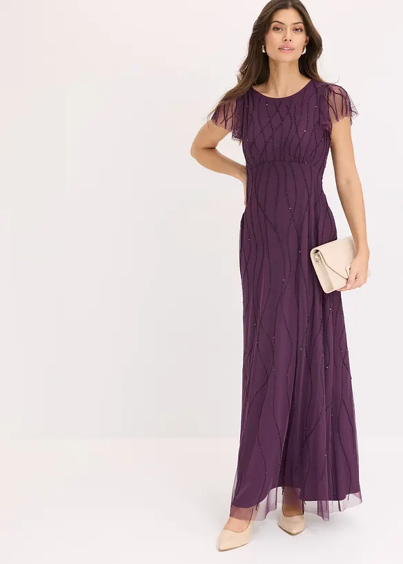 Robe longue en tulle d&eacute;licat avec perles brod&eacute;es, bonprix