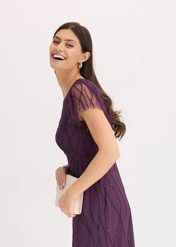 Robe longue en tulle d&eacute;licat avec perles brod&eacute;es, bonprix