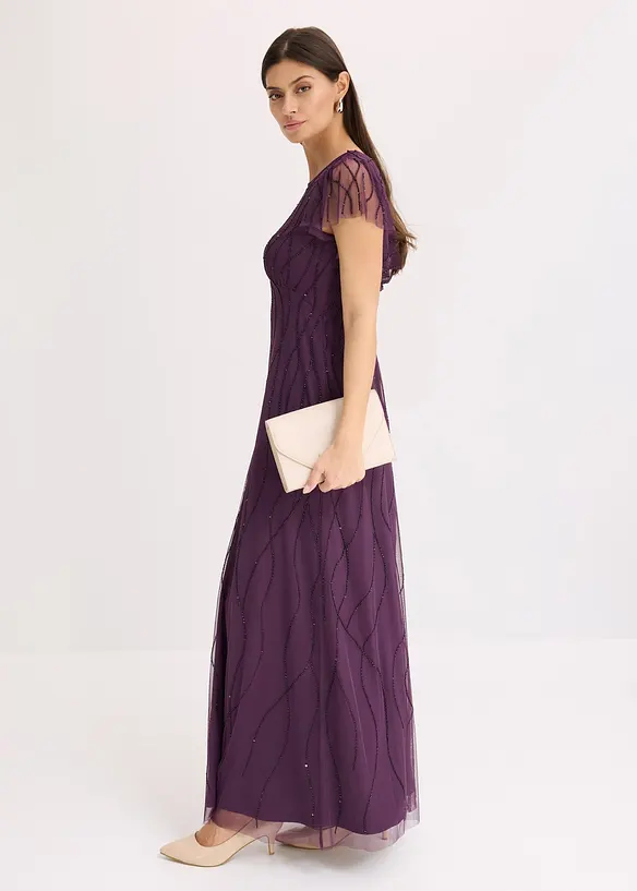 Robe longue en tulle d&eacute;licat avec perles brod&eacute;es, bonprix