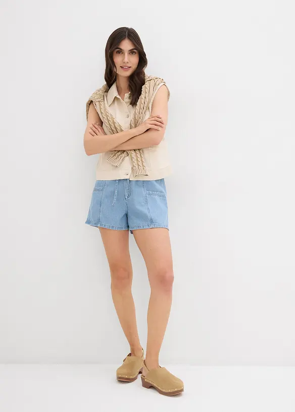 Short en jean avec taille haute &eacute;lastiqu&eacute;e, bonprix