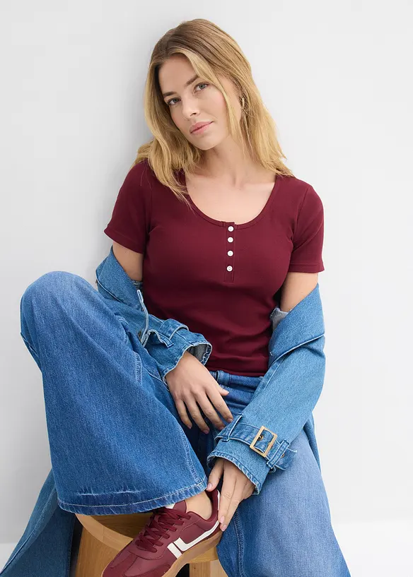 T-shirt col tunisien, 100% coton, bonprix