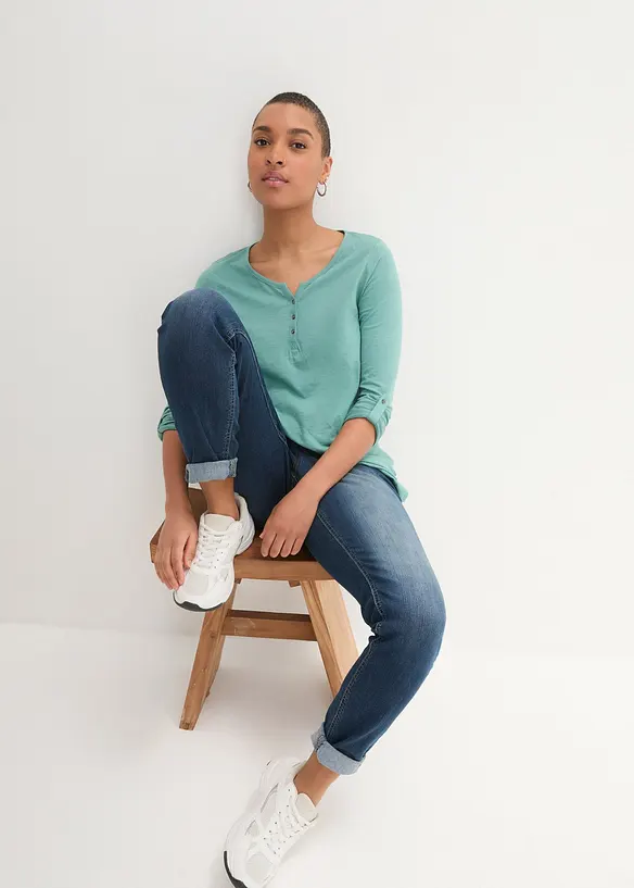 T-shirt manches longues &agrave; col boutonn&eacute;, 100% coton, bonprix