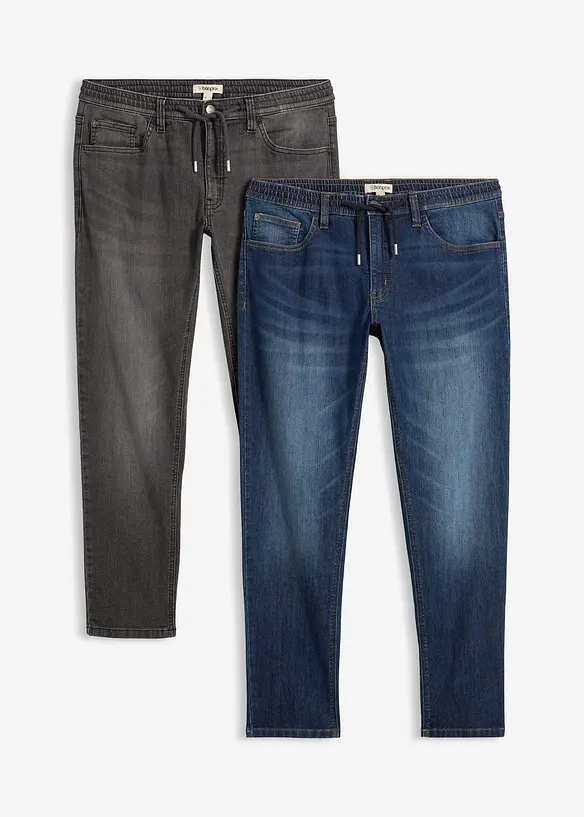 Lot de 2 jeans droits extensibles regular &agrave; taille &eacute;lastiqu&eacute;e, bonprix