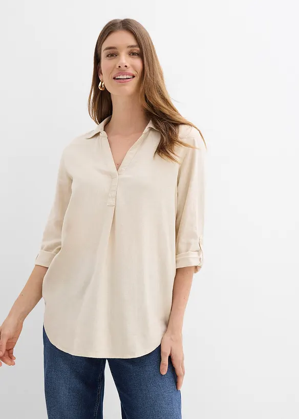 Blouse en lin m&eacute;lang&eacute;, manches 3/4, bonprix