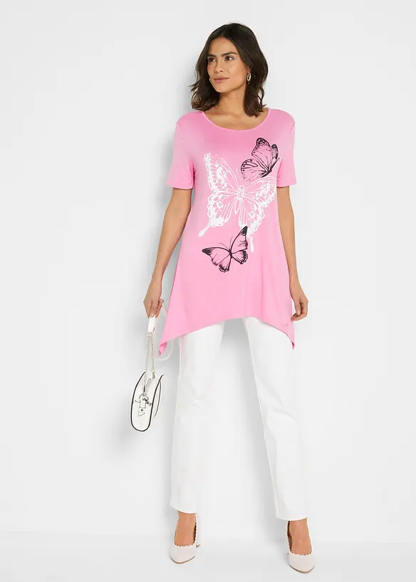 T-shirt long &agrave; pans et imprim&eacute; papillon, bonprix