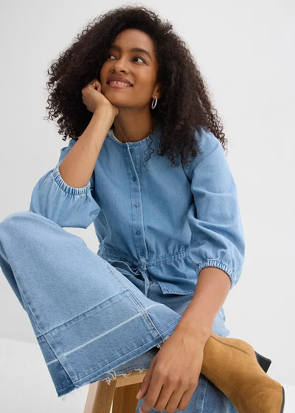Chemisier en jean &agrave; manches bouffantes, coton, bonprix