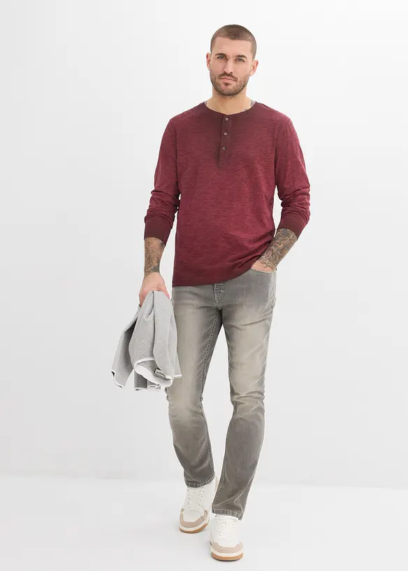 T-shirt manches longues &agrave; col tunisien, 100% coton, bonprix