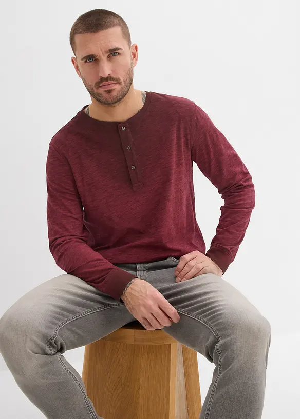 T-shirt manches longues &agrave; col tunisien, 100% coton, bonprix