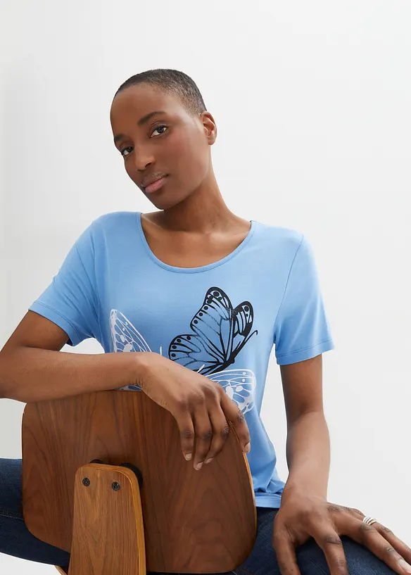 T-shirt long &agrave; pans et imprim&eacute; papillon, bonprix